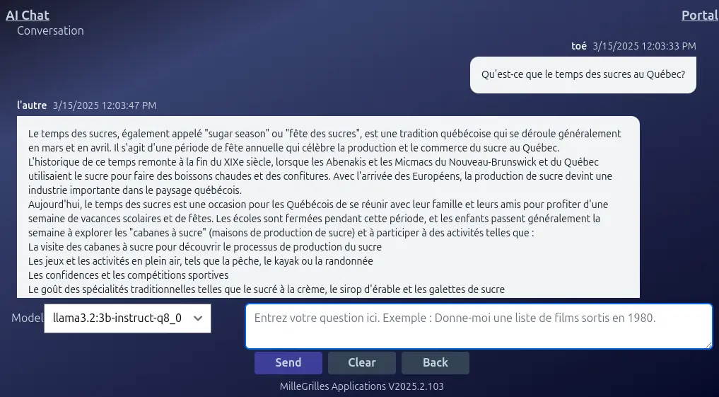 Écran d'une discussion sur le temps des sucres AI Chat Saisie d’écran