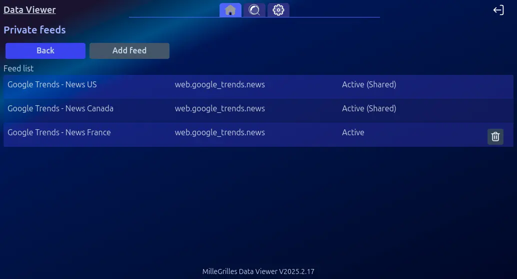 Écran de la liste des sources Data Viewer Saisie d’écran